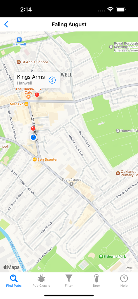 Pub Crawler - Vue cartographique de l'application Pub Crawler montrant plusieurs épingles représentant des pubs dans un quartier du Royaume-Uni.