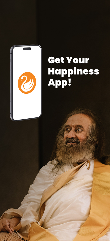 Art of Living: Meditation,Yoga - Sri Sri Ravi Shankar con un smartphone mostrando la aplicación de meditación El Arte de Vivir