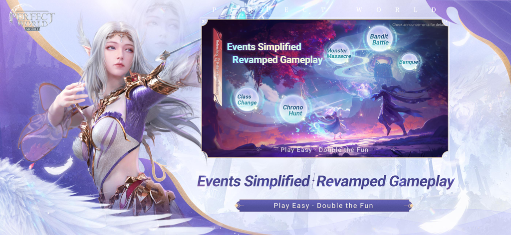 Perfect World Mobile - Promotional artwork for Perfect World Mobile showcasing simplified events and revamped gameplay features with a white-haired elf character.