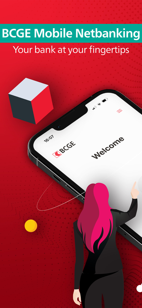 Welcome screen of the BCGE Mobile Netbanking app showing a user interacting with a smartphone