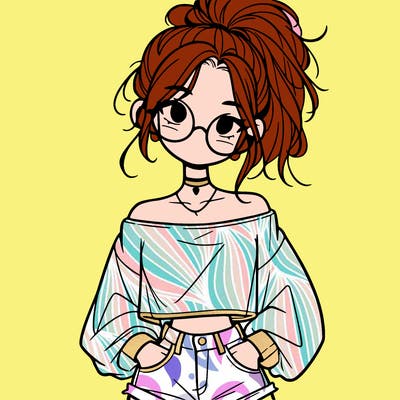 girl with a messy ponytail glasses a baggy crop top and jean shorts