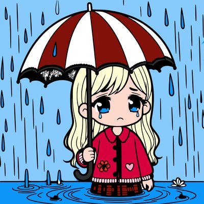 a sad girl in the rain with a umbrella