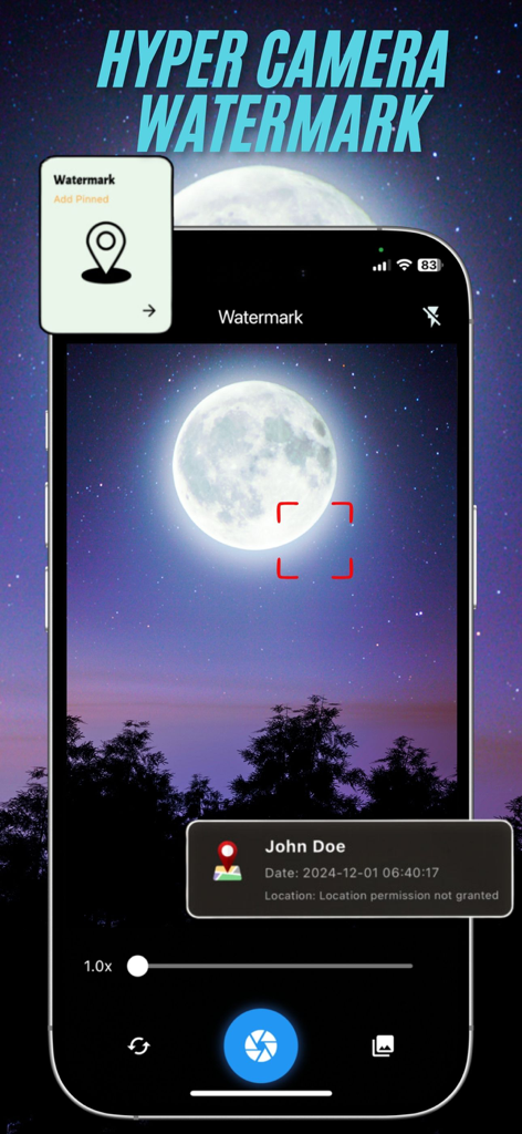 Hyper Camera Ultra Zoom 100x - Hyper Camera app interface showing a zoomed-in moon photo with an integrated location and timestamp watermark