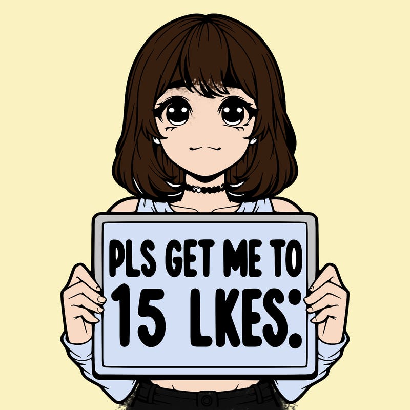 realistic girl holding up a sign that says “pls get me to 15 likes!”