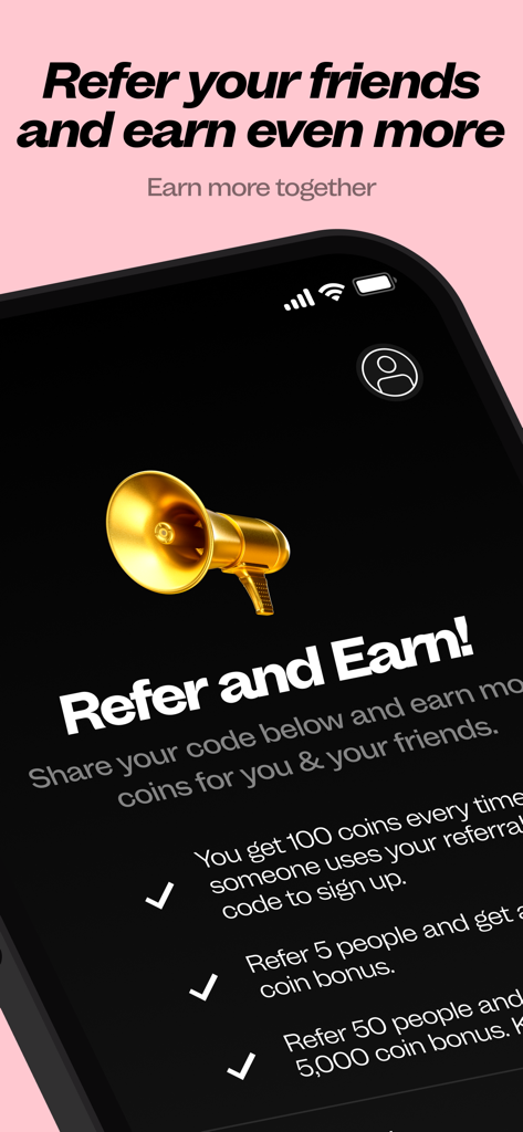 Bridge: Debit Card Rewards - Referral program screen of the Bridge app showing coin rewards for inviting friends.