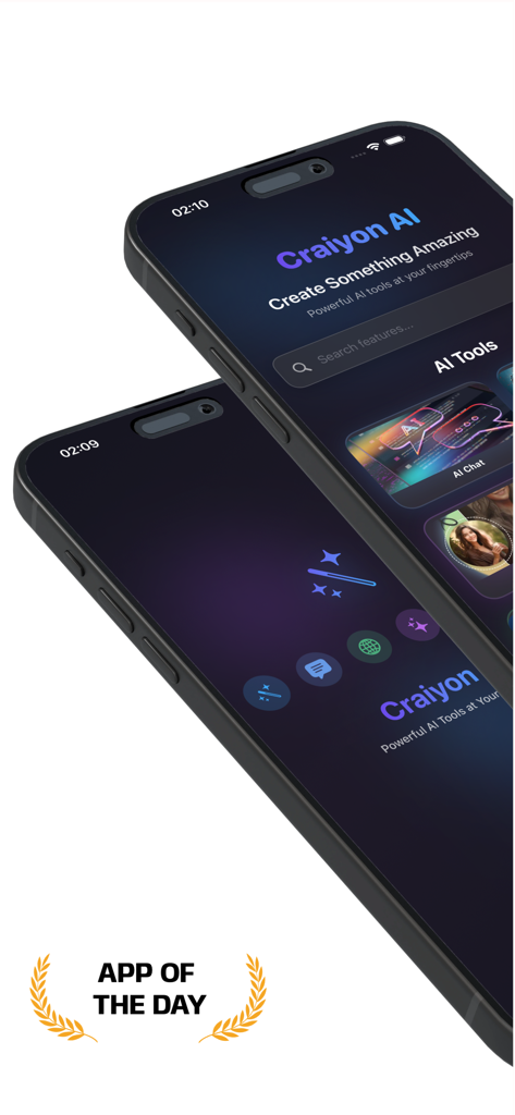 Craiyon AI Mobile - Two iPhones displaying the Craiyon AI Mobile app interface and creative tools