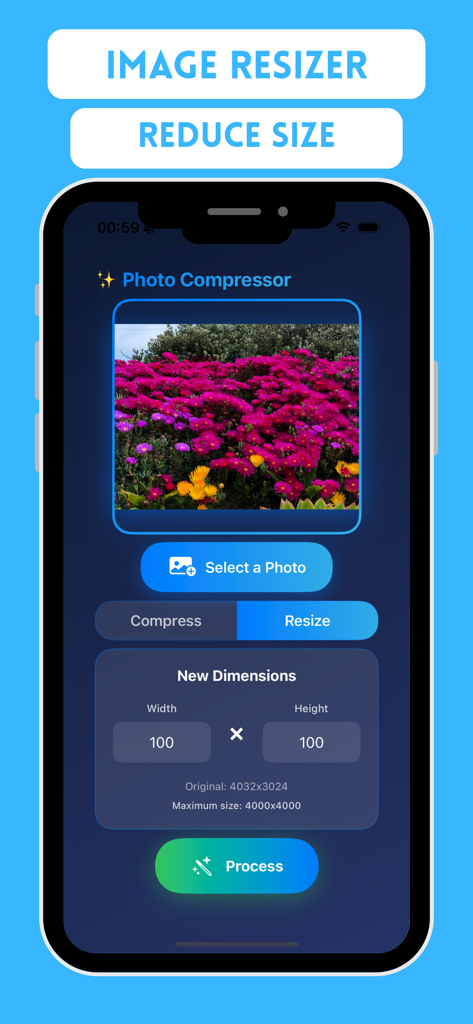 Photo Compressor: Resize Image - Eine mobile Oberfläche, die das Werkzeug zur Größenänderung von Fotos zeigt, in dem Benutzer benutzerdefinierte Breiten- und Höhenabmessungen eingeben können, um die Bildgröße zu reduzieren.