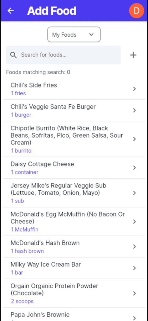 HydroMeal - Pantalla de la aplicación HydroMeal mostrando una lista de alimentos personalizados y una barra de búsqueda para el seguimiento nutricional