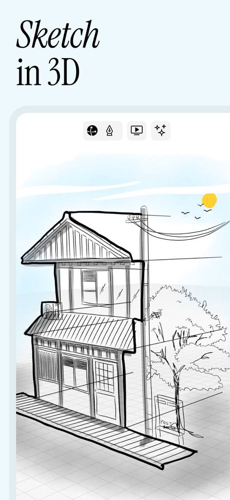 A hand-drawn 3D architectural sketch of a house in the uMake app