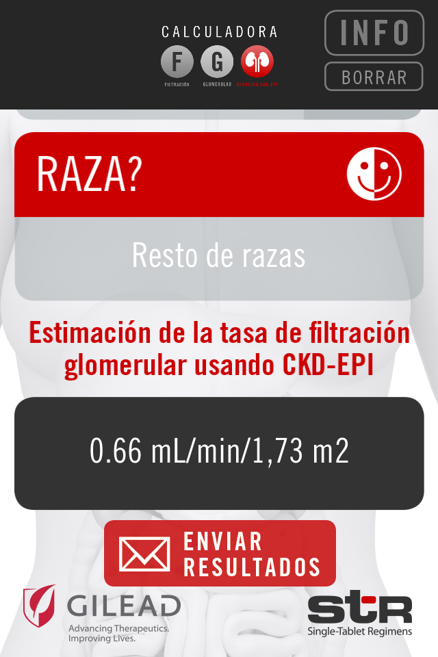 Calculadora Filtración Glomerular Ecuación CKD-EPI - Resultado do cálculo da Taxa de Filtração Glomerular no aplicativo móvel da calculadora CKD-EPI.