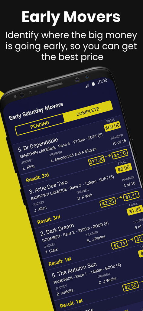 Plunge: Horse Racing - 초기 시장 움직임과 변화하는 경마 배당률을 보여주는 플런지 앱 화면