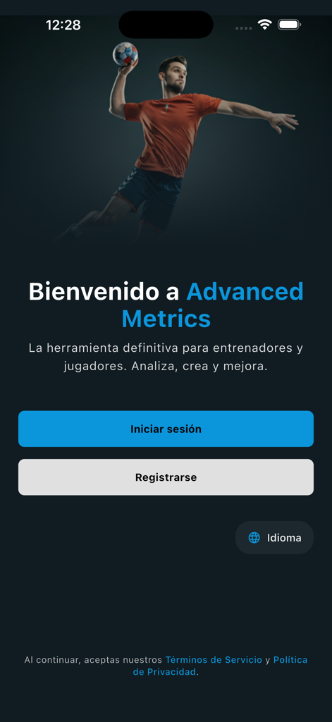 Advanced Metrics. Handball - Welcome screen of the Advanced Metrics Handball app featuring a player in action and login buttons
