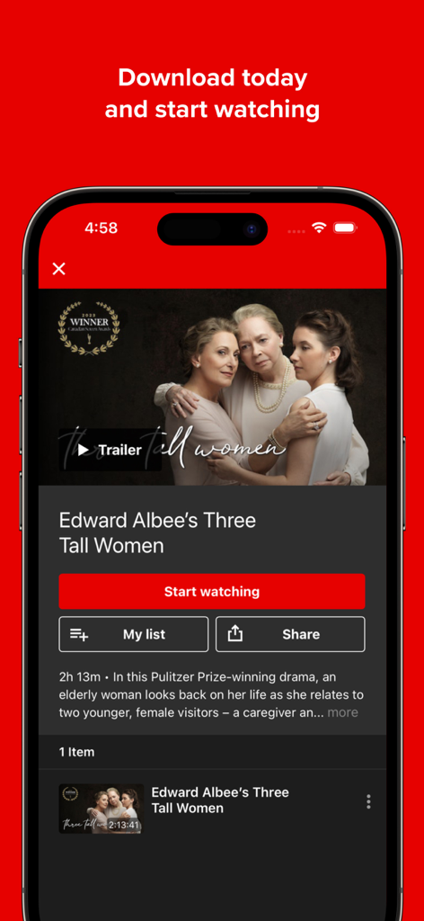 STRATFEST@HOME - Page de détails d'une production théâtrale sur l'application mobile STRATFEST AT HOME.