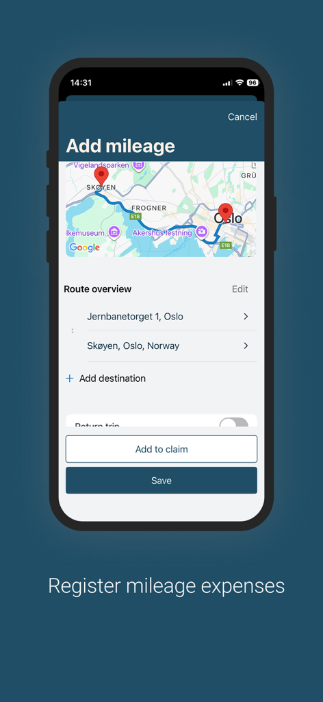 Tela de smartphone do aplicativo Visma Employee mostrando o recurso de registro de quilometragem com uma rota de mapa e detalhes de destino.