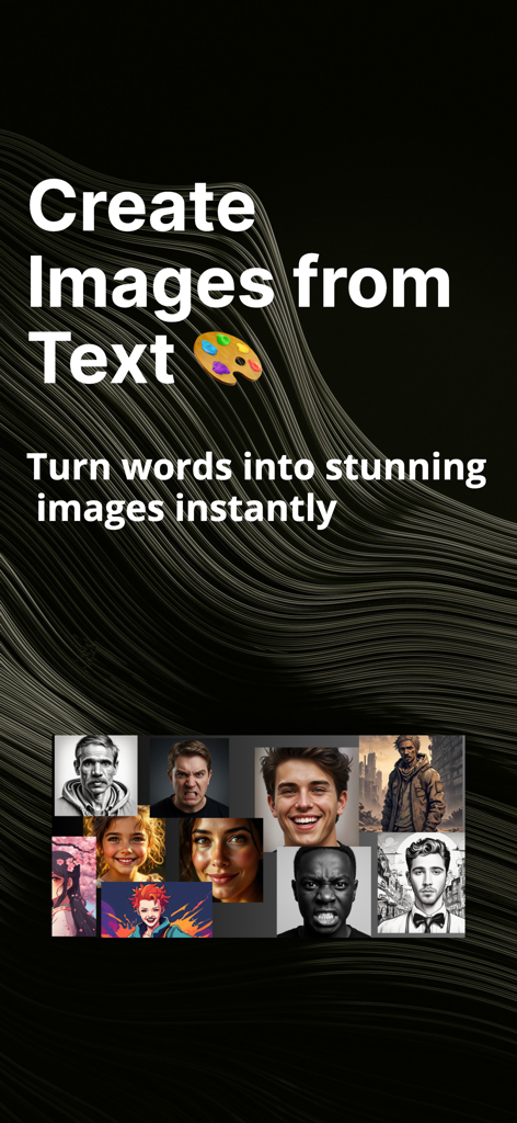 AI Art Generator: Text to Pic - AI Art Generator app screen showing text to image creation and a gallery of AI-generated portraits
