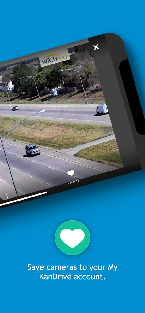 KanDrive - A live traffic camera feed in the KanDrive app with a heart icon to save it to favorites.