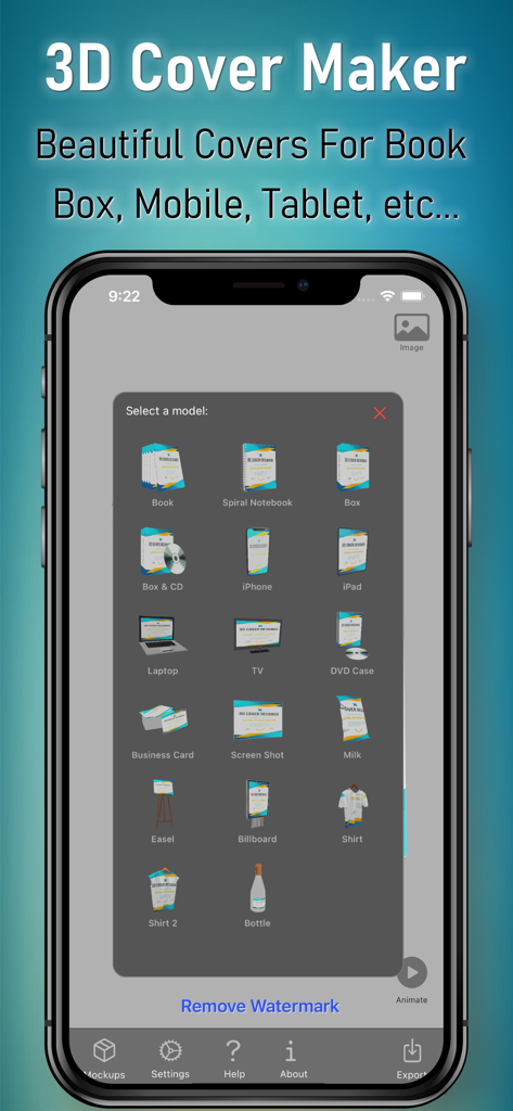 Pantalla de selección de plantillas de mockup 3D para libros, cajas y dispositivos móviles en la interfaz de la aplicación 3D Cover Maker