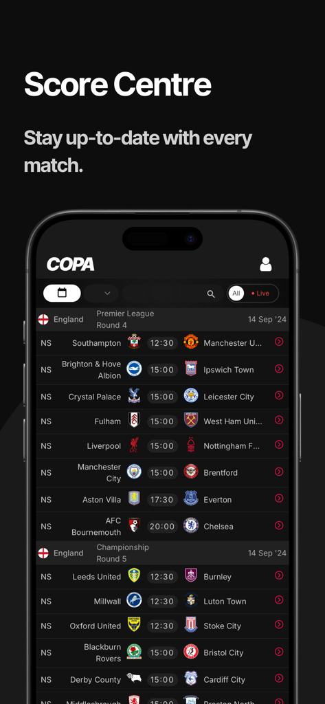 COPA: Football Predictions - Interfaz del Centro de Resultados de la aplicación COPA que enumera los próximos partidos de fútbol de la Premier League y el Championship con horarios y iconos de equipos
