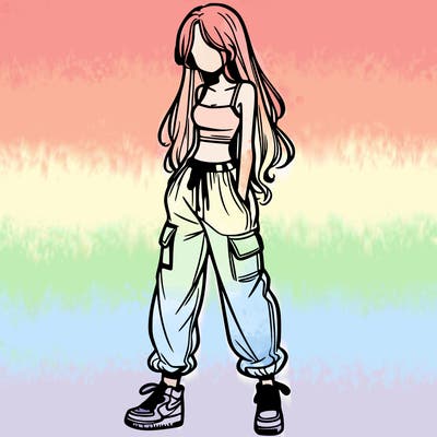 girl in baggy pants crop top and long hair