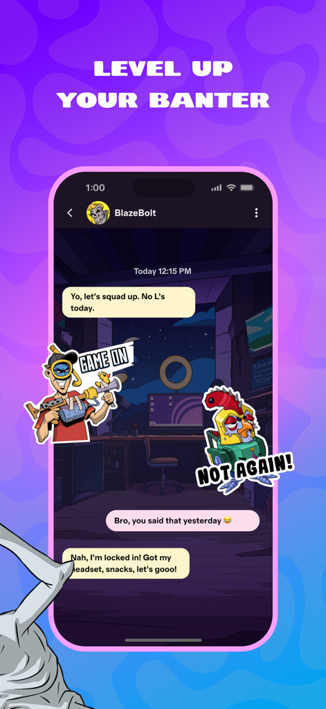 Interfaz de chat móvil en la app DUBS con pegatinas de juegos y mensajes de escuadrón.