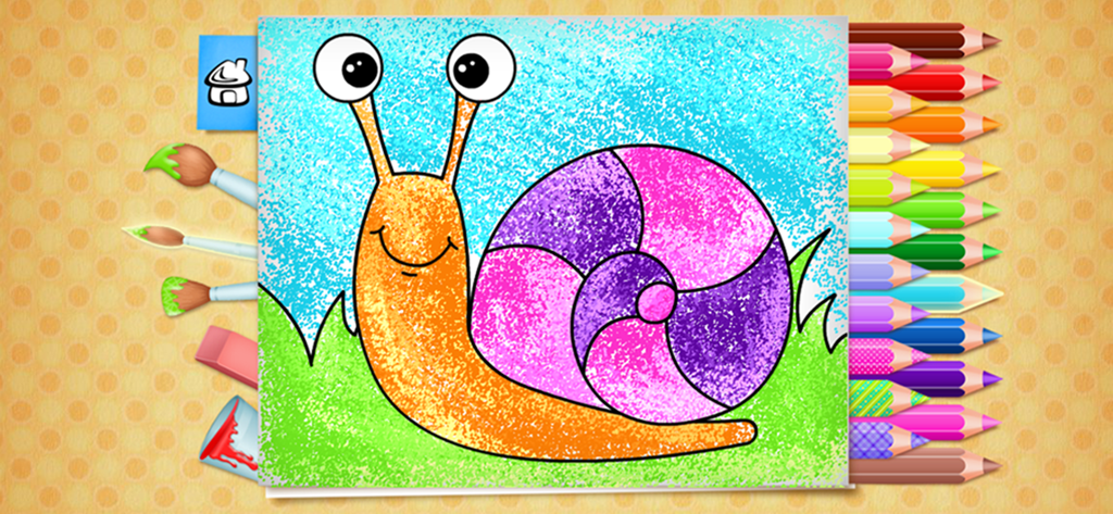 Coloring Book - Fun games - Un caracol de dibujos animados siendo coloreado en una aplicación de libro de colorear digital con varios lápices y herramientas