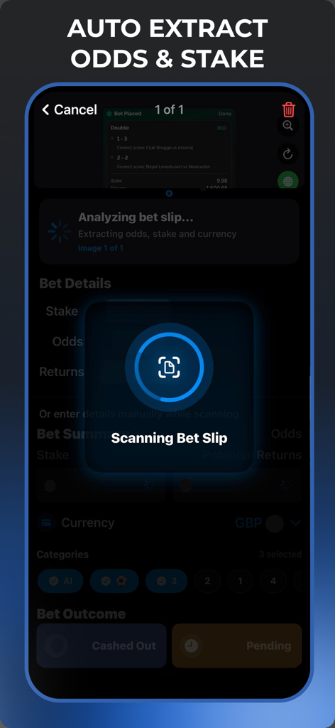Zort app interface showing the automated AI scanning of a sports betting slip to extract odds and stake