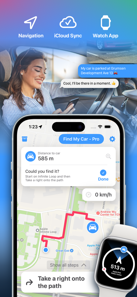 Find My Car app interface showing a walking route on an iPhone map and a directional compass on an Apple Watch.