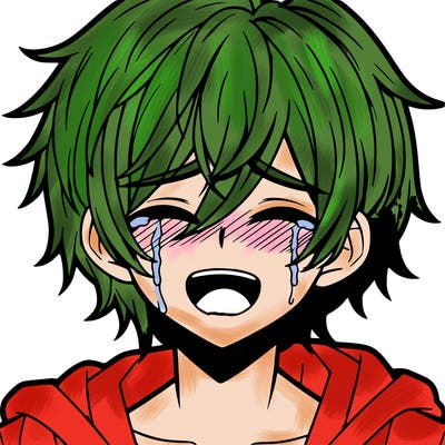 anime boy, pink and white hair covering eyes, smiling, crying