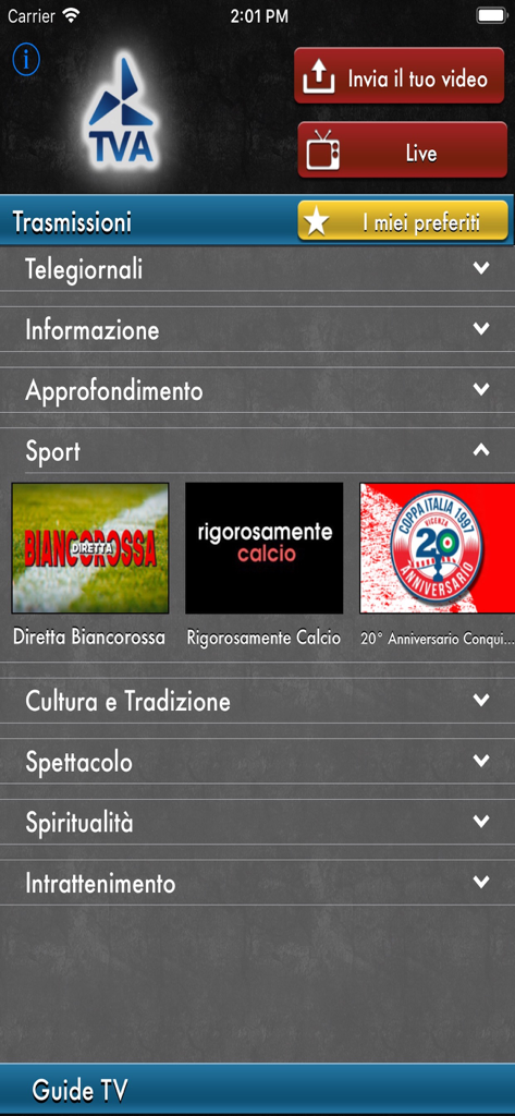 TVApp - Menu principale di TVApp che mostra le categorie sportive e di notizie italiane