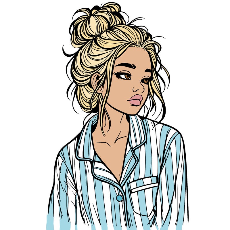 realistic woman with pajamas on and a messy bun