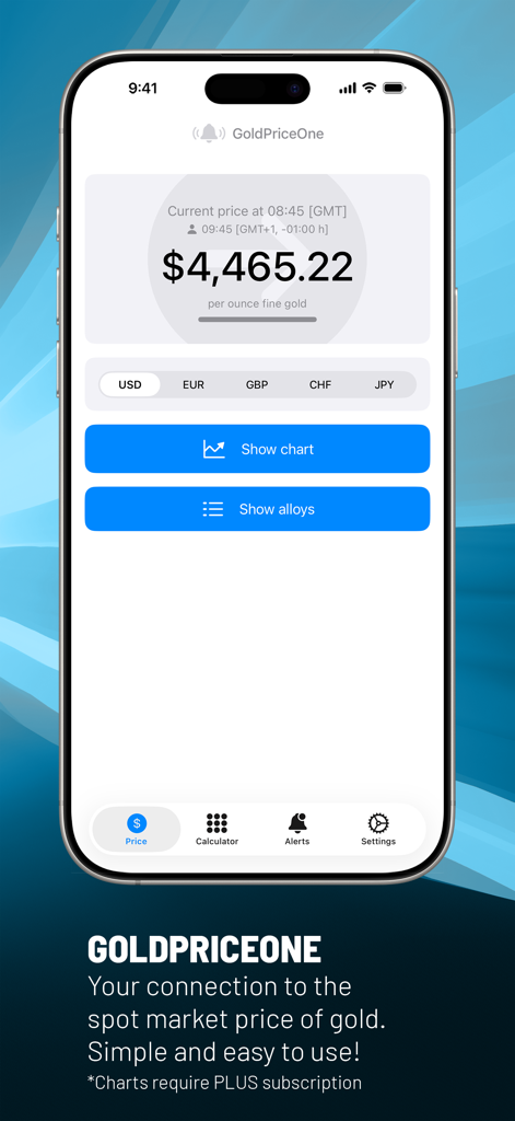 GoldPriceOneMobile - La pantalla principal de la aplicación GoldPriceOneMobile mostrando el precio spot actual del oro en dólares estadounidenses.