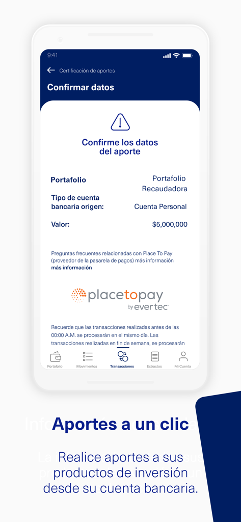 BTG Pactual Colombia - BTG Pactual 콜롬비아 모바일 앱 인터페이스, 투자 기여 확인 화면 표시