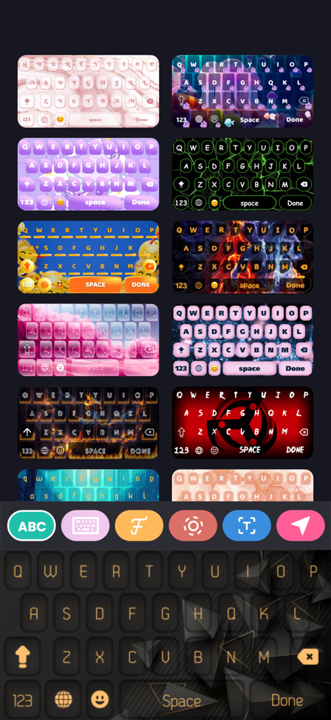 A gallery of various aesthetic keyboard themes and custom font styles.