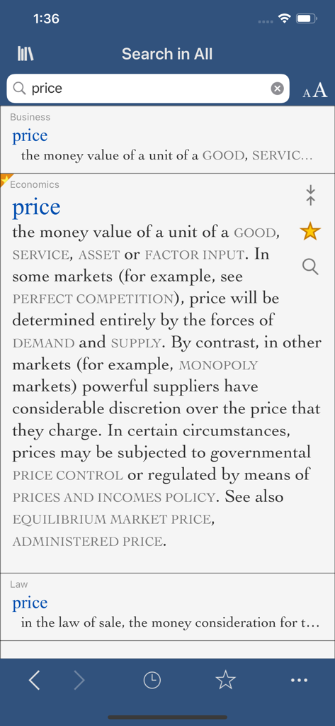 Collins Subject Dictionaries - Mobile app interface of Collins Subject Dictionaries showing search results for the term price in economics and business categories
