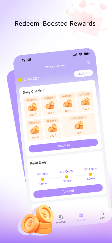 Screen showing the reward system in the NovelShort app with daily check-in and reading missions for coins.