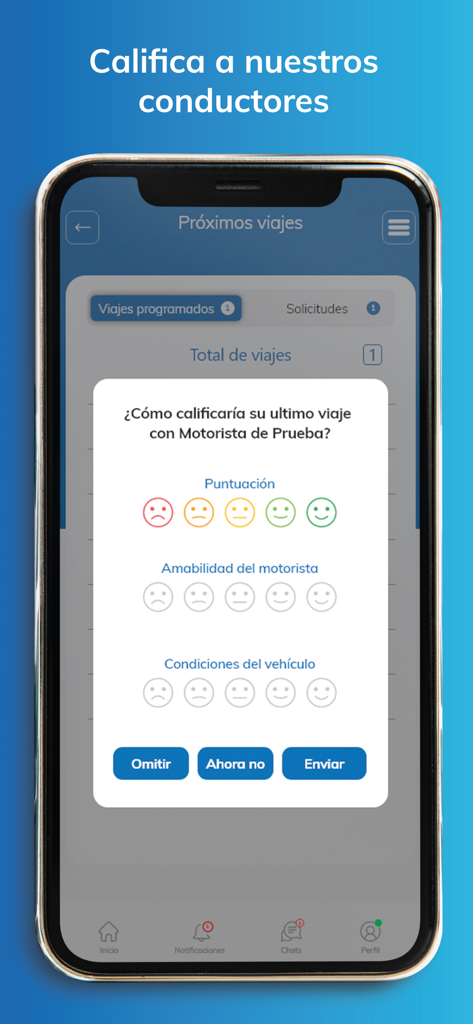 Smart Driver - A screenshot of the Smart Driver app showing a trip rating popup in Spanish with emoji-based feedback for driver performance and vehicle condition