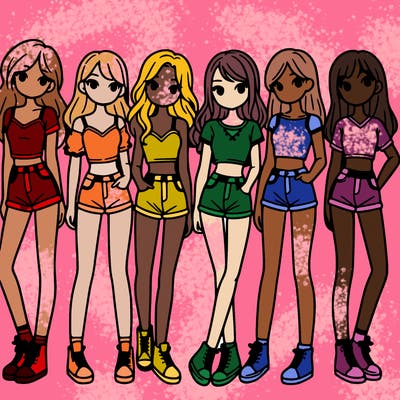 a group of girls wearing crop tops and shorts