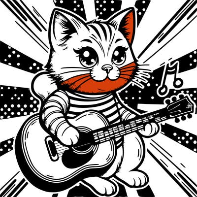 pop art cat with a guitar