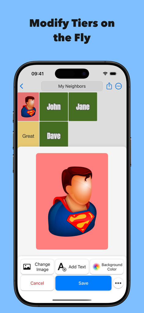 Mobile interface of TierCreator showing how to customize a tile with images and colors.