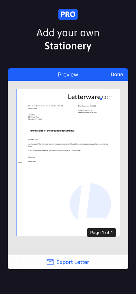 EasyLetter - Send letters - EasyLetter app interface showing a preview of a professional letter with custom stationery and a letterhead