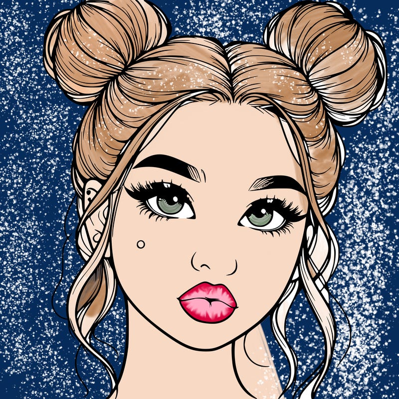 realistic girl with two buns on her hair and lips