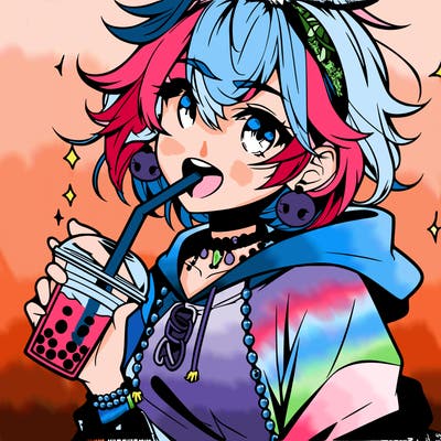 hot baddie anime girl drinking boba and biting the straw