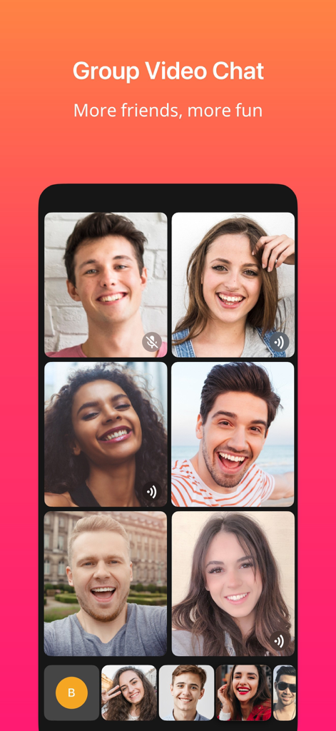 JusTalk - Video Chat & Calls - Interfaz de videollamada grupal de la aplicación móvil JusTalk que muestra seis participantes en un diseño de cuadrícula