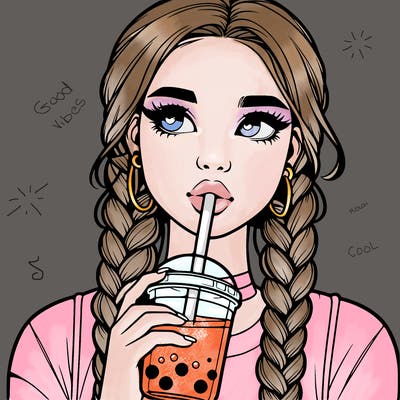 realistic girl with braided hair drinking boba