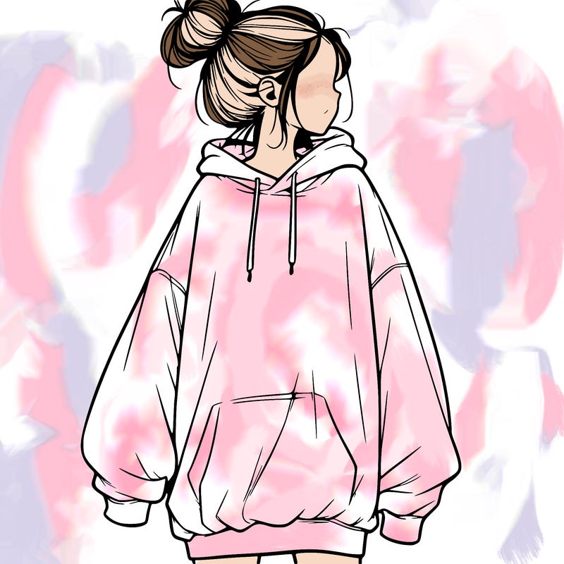 realistic girl with a oversized sweatshirt on and a bun