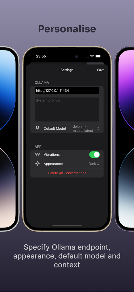 Enchanted Developers Only - Settings screen of the Enchanted app showing Ollama endpoint configuration and model selection.