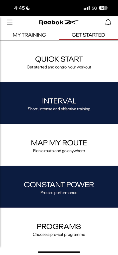 Reebok Cardio Equipment - Reebok Cardio Equipment app interface showing workout training modes including Quick Start, Interval, and Map My Route.