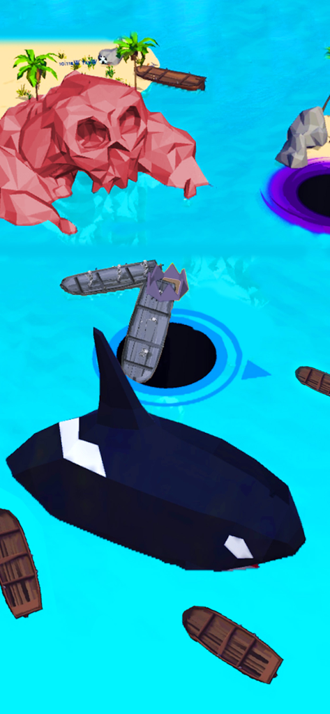 Gameplay of Black Hole Attack Hole game featuring a black hole swallowing boats near a skull island and an orca