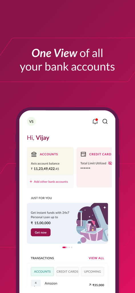 Axis Bank Mobile Banking - Axis Bank mobile app interface featuring the One View dashboard with account balances and credit card details