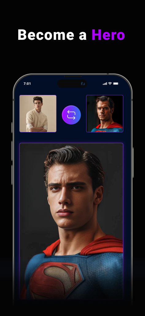 AI Faceswap: Video Face Swap - Oberfläche, die einen Gesichtswechsel zwischen einem Benutzer und einer Superheldenfigur zeigt
